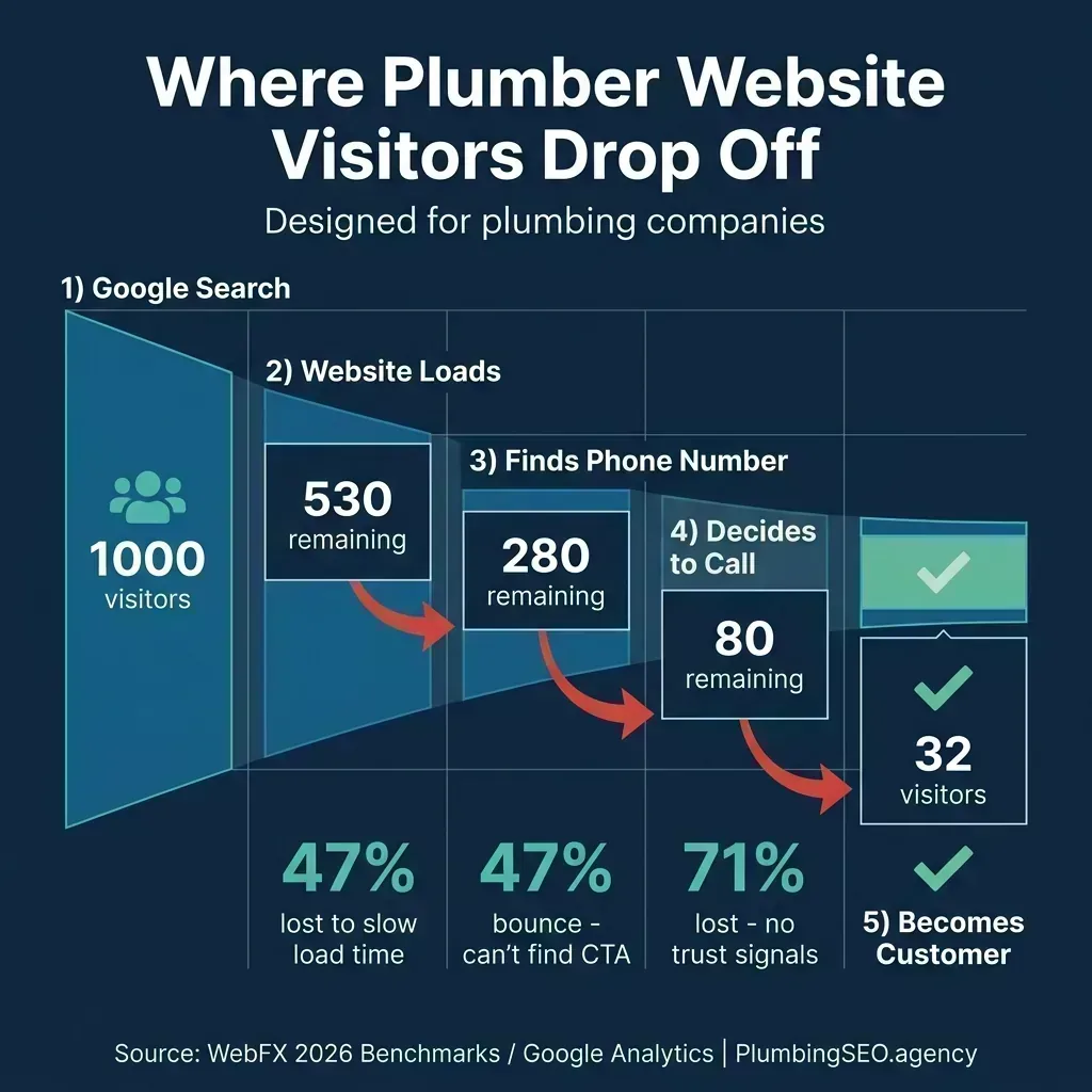 Funnel diagram showing where plumber website visitors drop off at each stage, from Google search through to becoming a customer