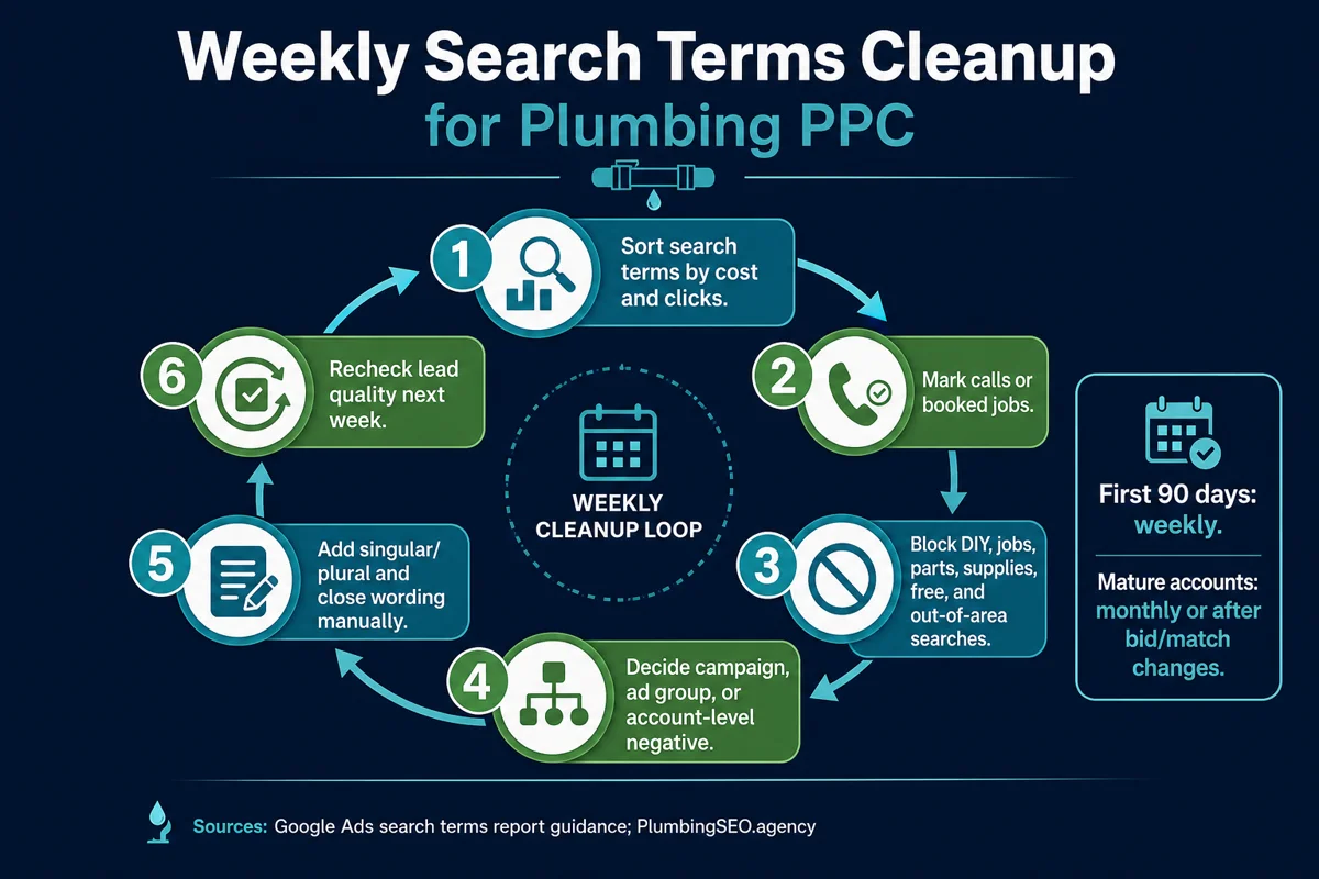 Weekly search terms cleanup workflow for plumber PPC campaigns