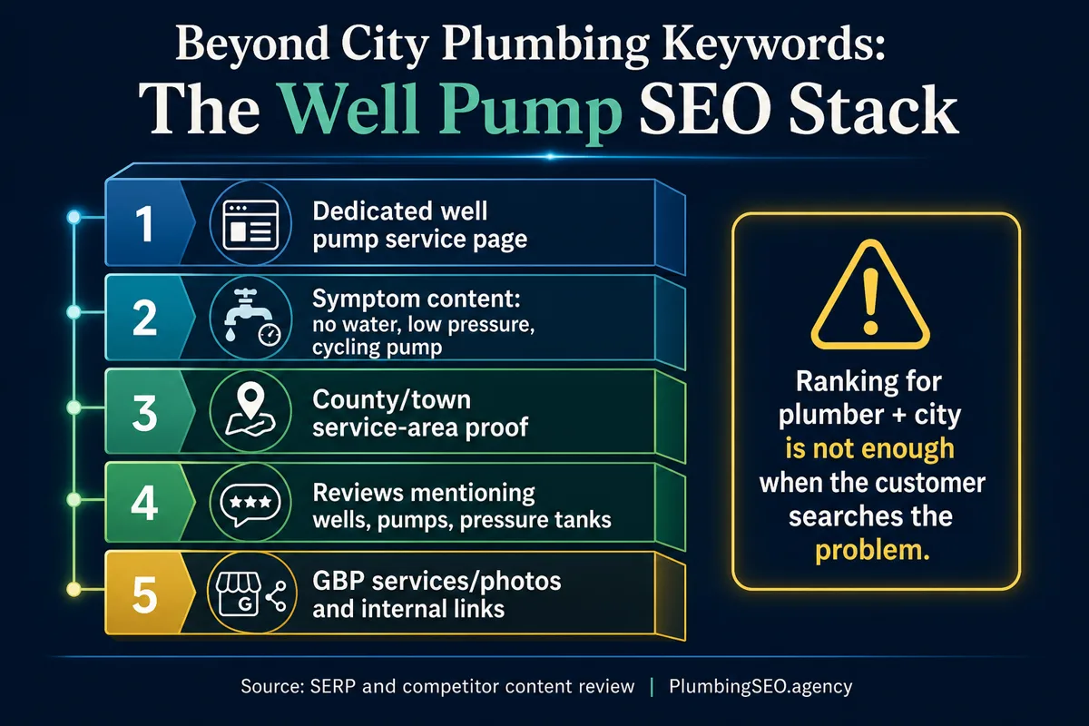 Infographic showing the five-layer well pump SEO stack for plumbing companies
