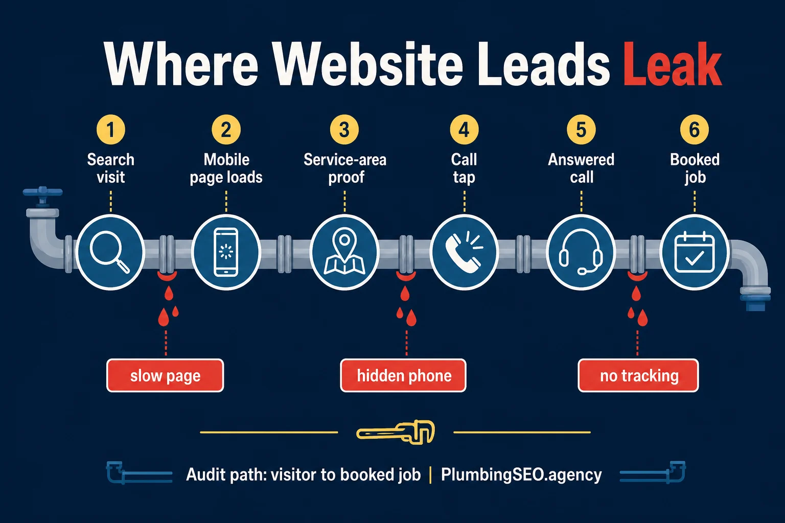 Pipeline infographic showing where plumbing website leads leak between search visit and booked job